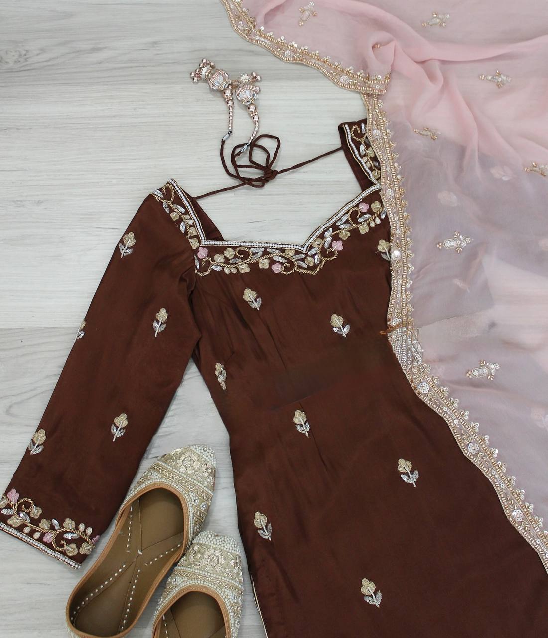 Faux Georgette Embroidered Sharara Set for Women – Kurti, Palazzo & Dupatta