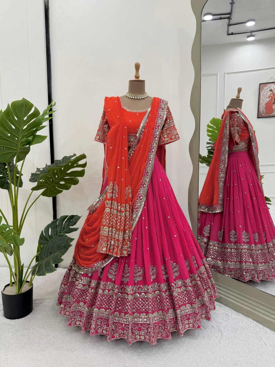 Faux Georgette Lehenga Choli Set with Dual Dupatta – Heavy Thread & Sequence Work