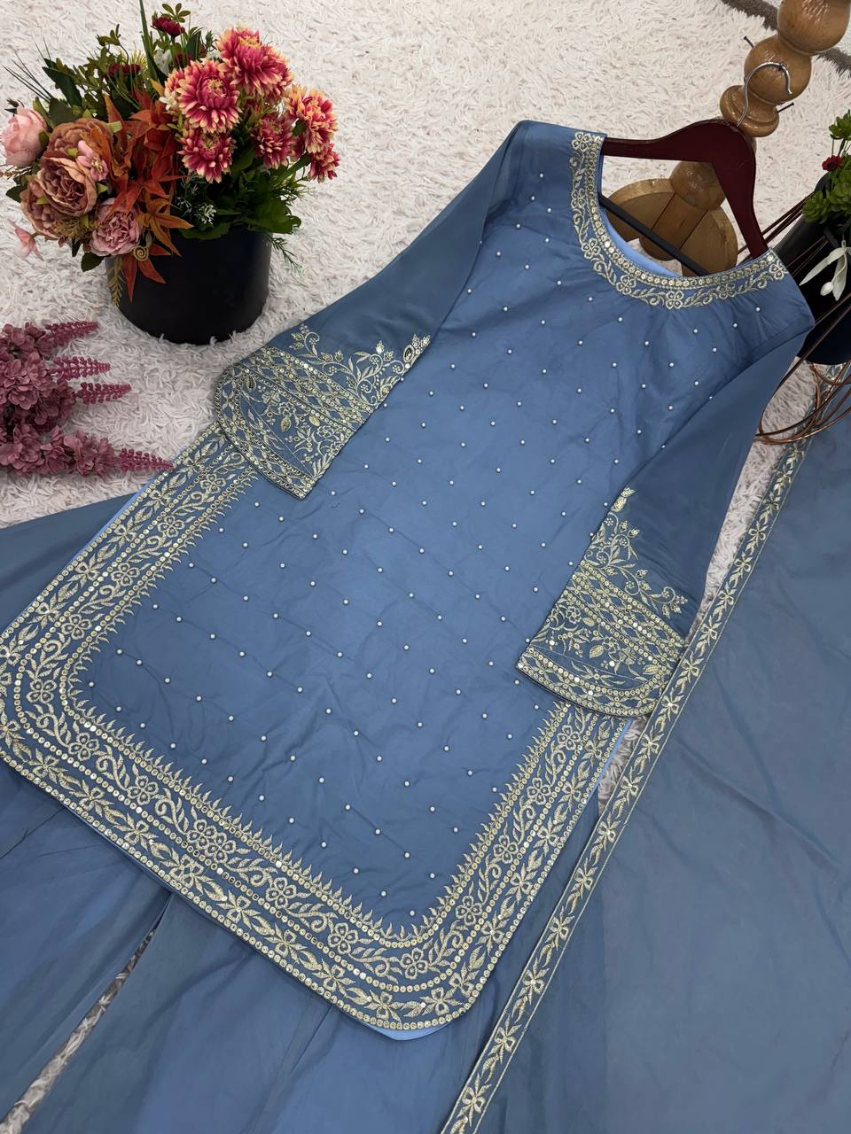 Heavy Faux Georgette Embroidered Sharara Set for Women – Fully Stitched Kurti, Palazzo & Dupatta