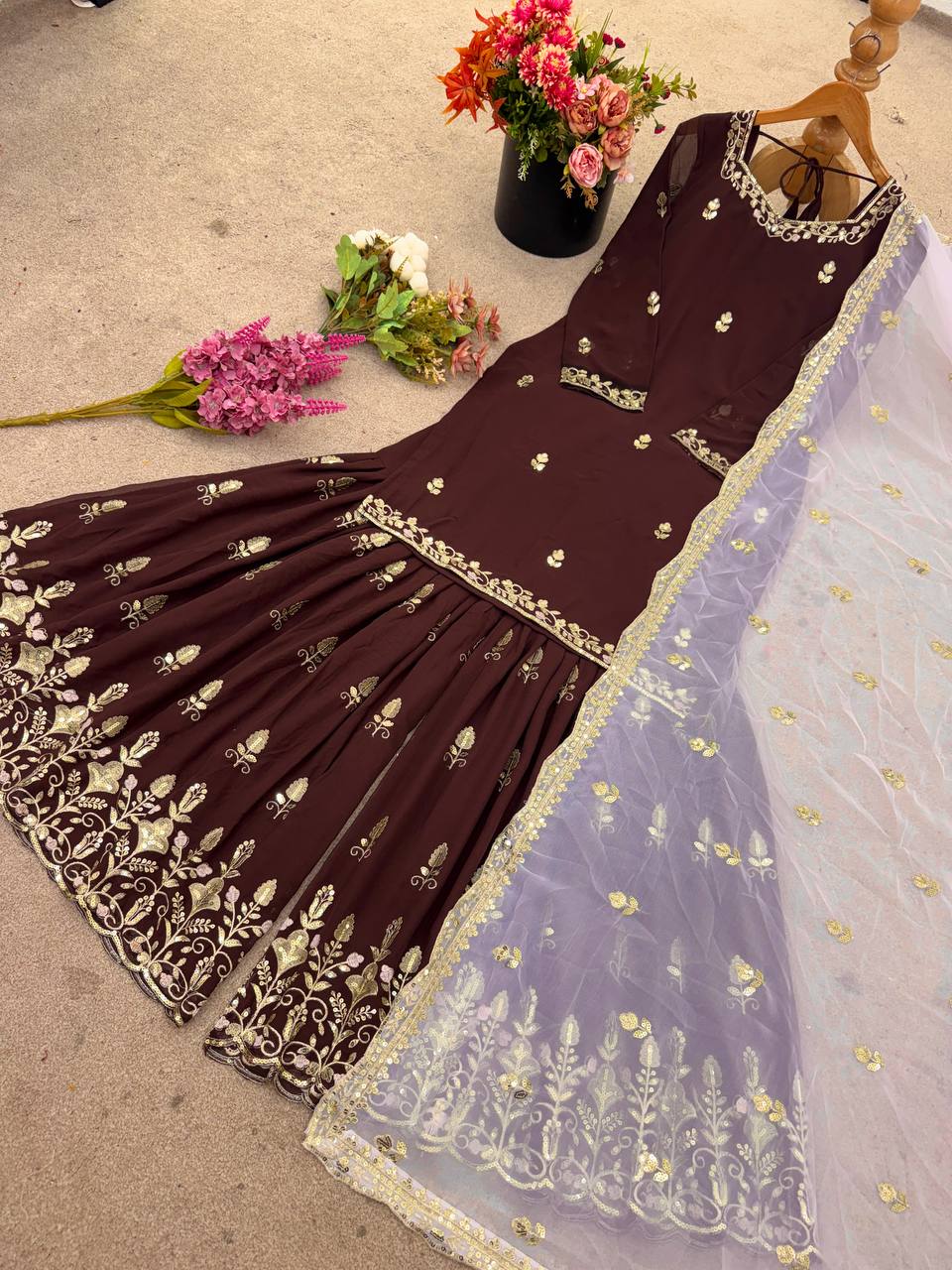 Faux Georgette Embroidered Sharara Set for Women – Kurti, Palazzo & Dupatta
