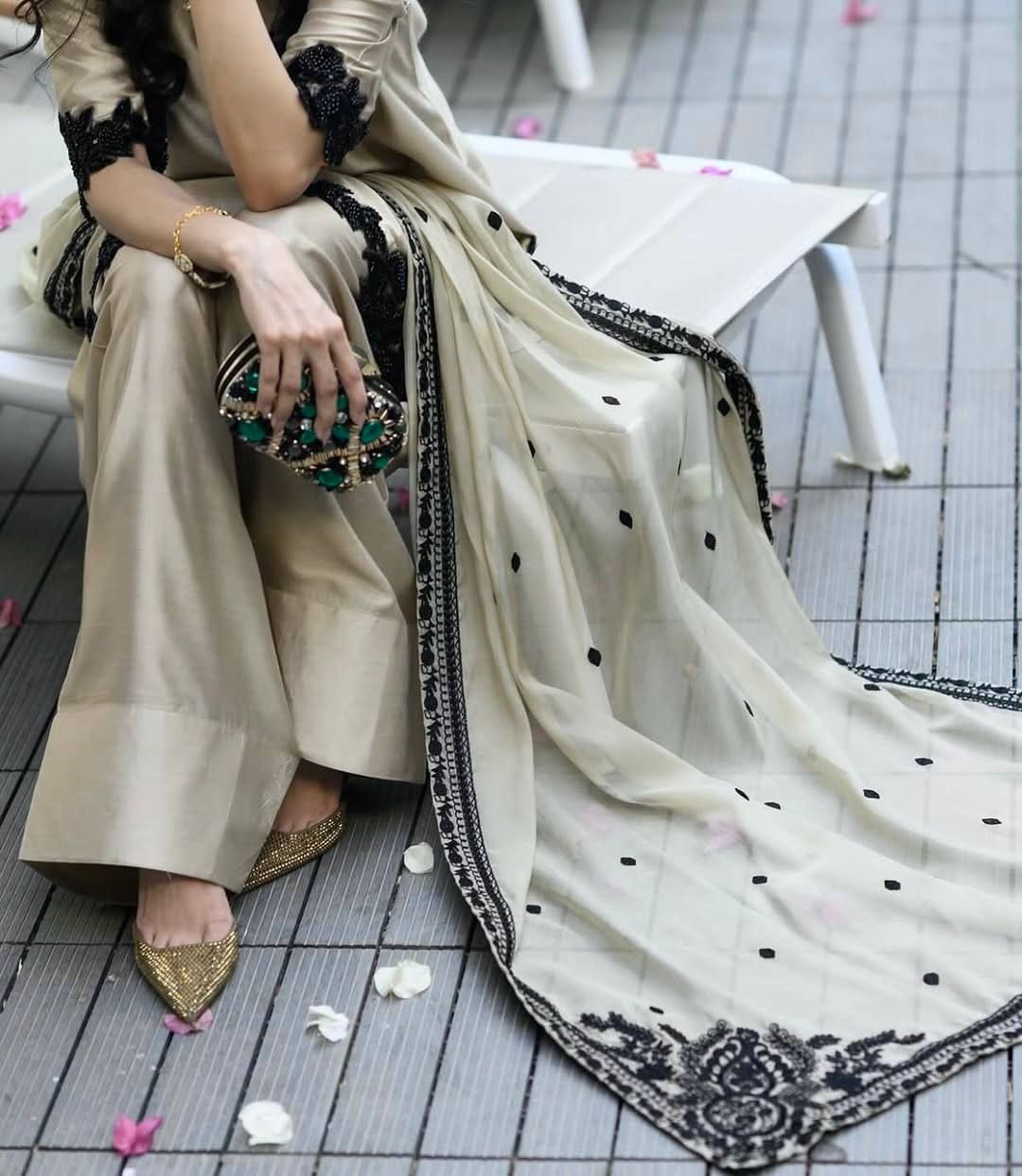 Georgette Embroidered Suit Set for Women – Kurti, Farshi Pant & Dupatta