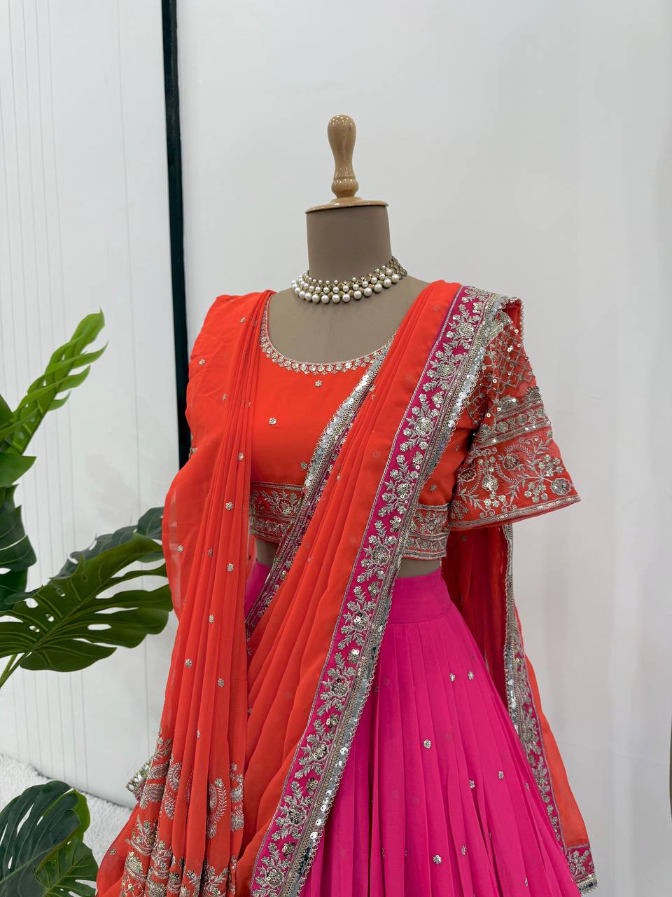 Faux Georgette Lehenga Choli Set with Dual Dupatta – Heavy Thread & Sequence Work