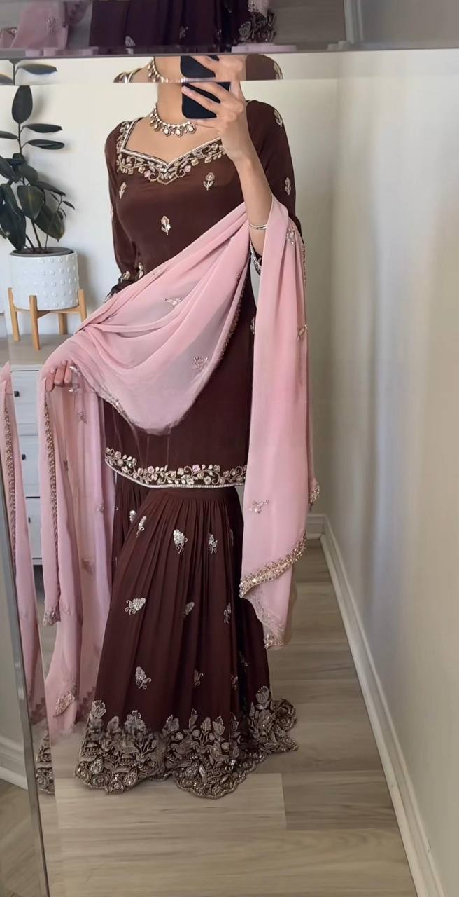 Faux Georgette Embroidered Sharara Set for Women – Kurti, Palazzo & Dupatta