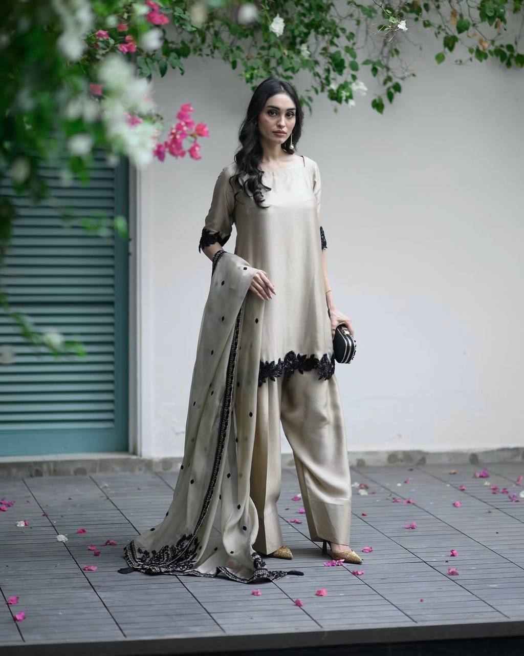 Georgette Embroidered Suit Set for Women – Kurti, Farshi Pant & Dupatta