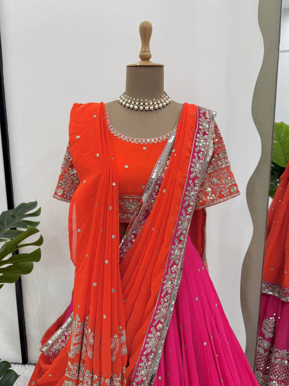 Faux Georgette Lehenga Choli Set with Dual Dupatta – Heavy Thread & Sequence Work