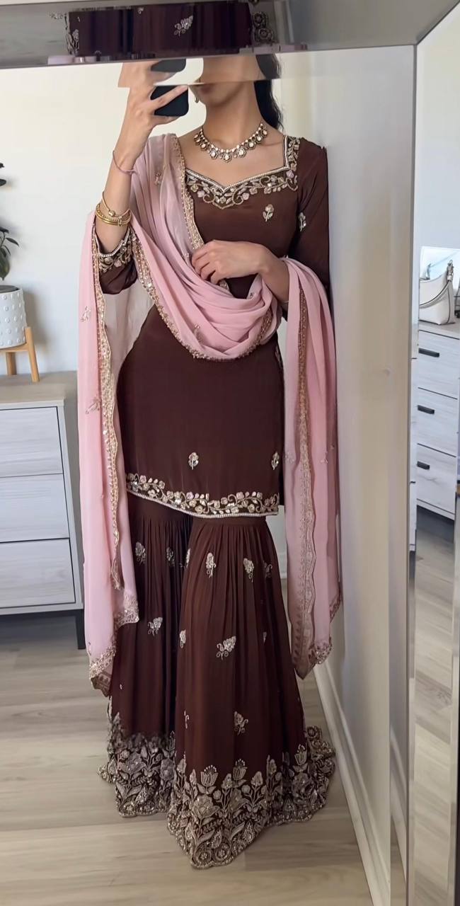 Faux Georgette Embroidered Sharara Set for Women – Kurti, Palazzo & Dupatta