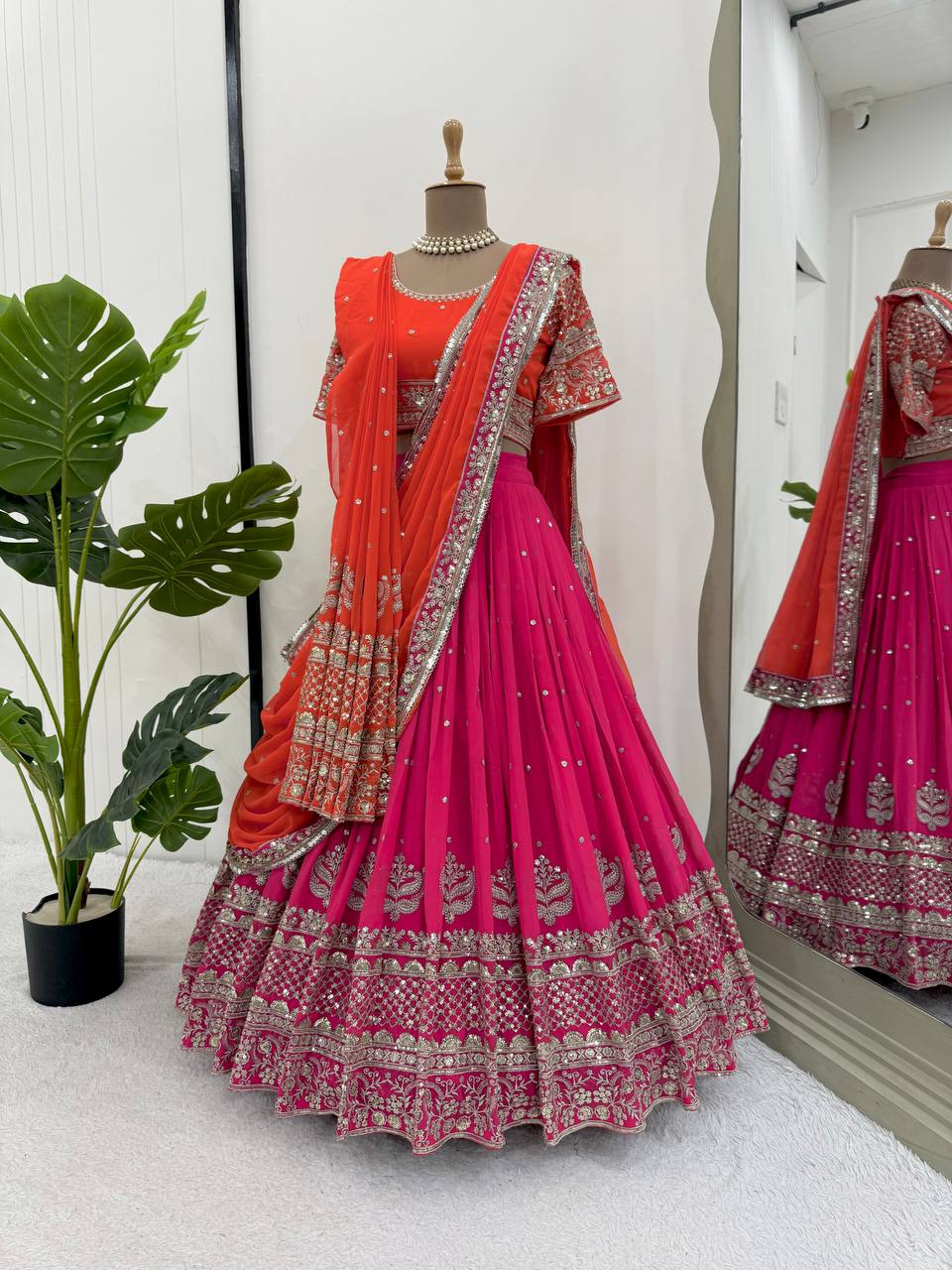 Faux Georgette Lehenga Choli Set with Dual Dupatta – Heavy Thread & Sequence Work