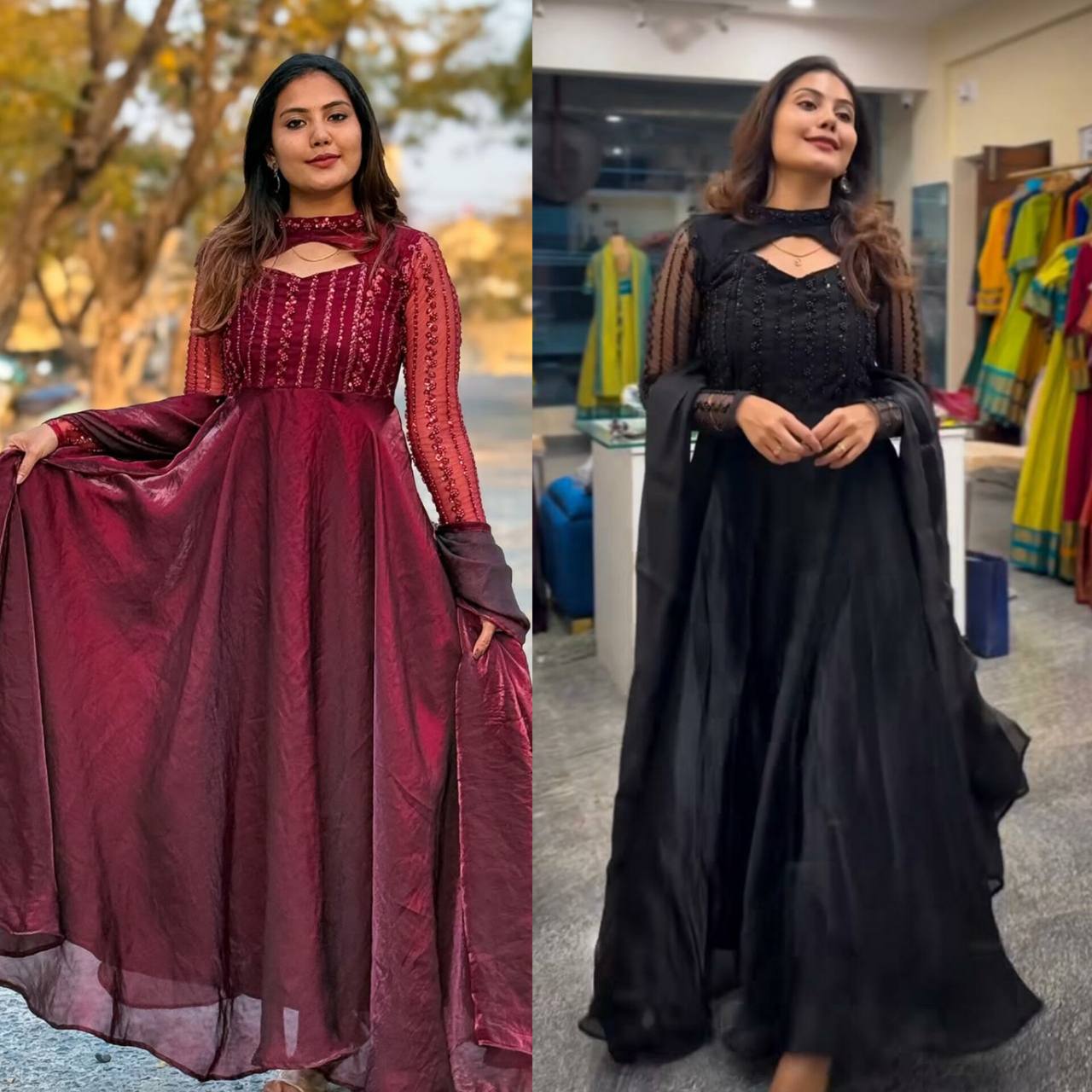 "Chic Full-Length Gowns with Sheer Sleeves and Elegant Embroidery"