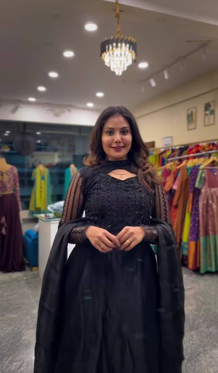 "Chic Full-Length Gowns with Sheer Sleeves and Elegant Embroidery"