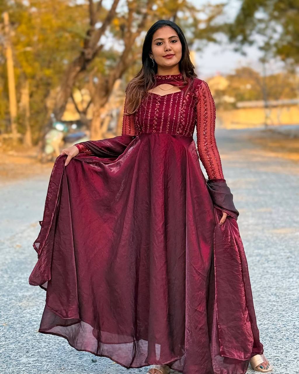 "Chic Full-Length Gowns with Sheer Sleeves and Elegant Embroidery"