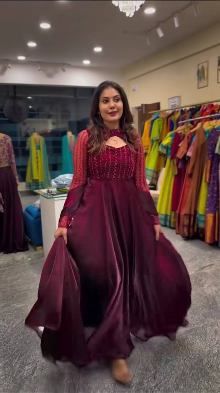 "Chic Full-Length Gowns with Sheer Sleeves and Elegant Embroidery"