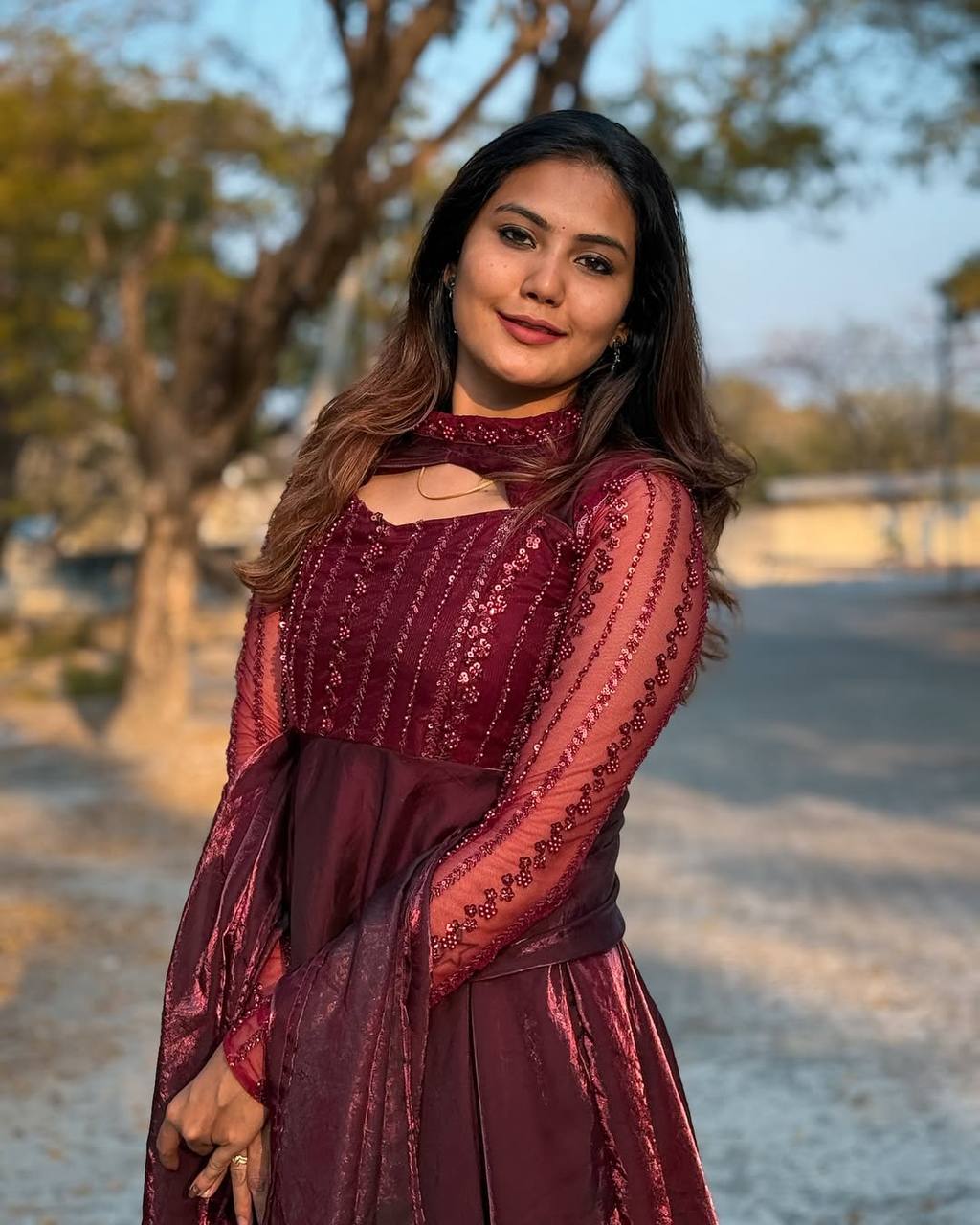 "Chic Full-Length Gowns with Sheer Sleeves and Elegant Embroidery"