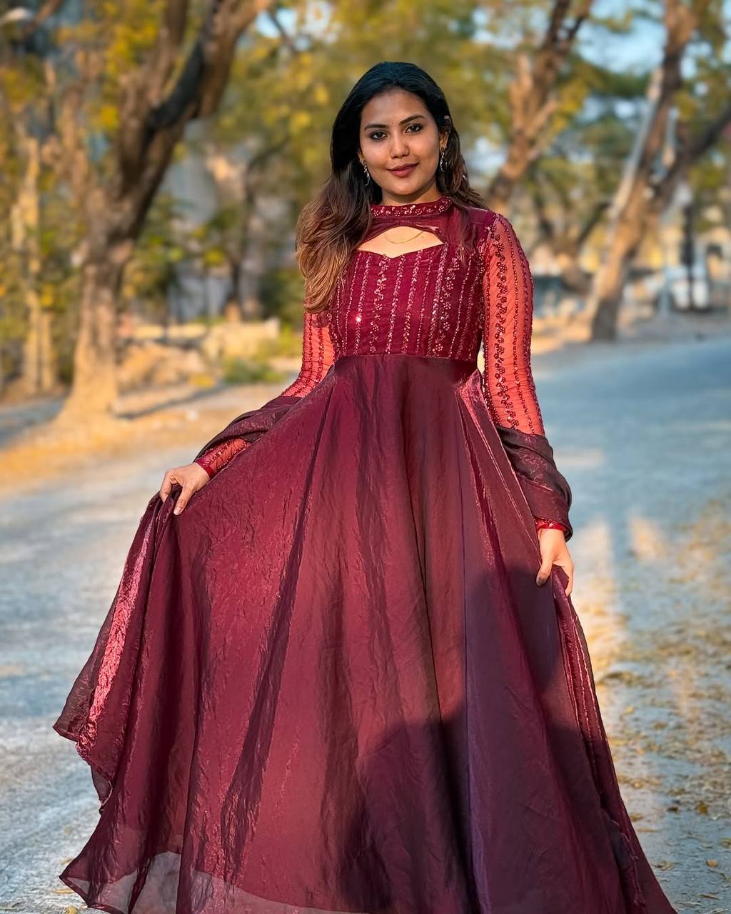 "Chic Full-Length Gowns with Sheer Sleeves and Elegant Embroidery"