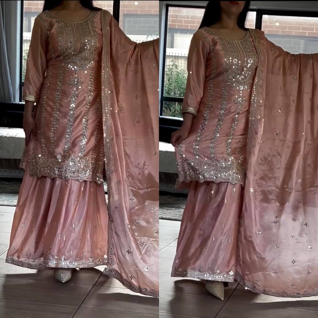 Pure Heavy Chinnon Silk With Heavy Embroidery Work With Fancy Borders Less Work Sleeve With Fancy Latkan Dori