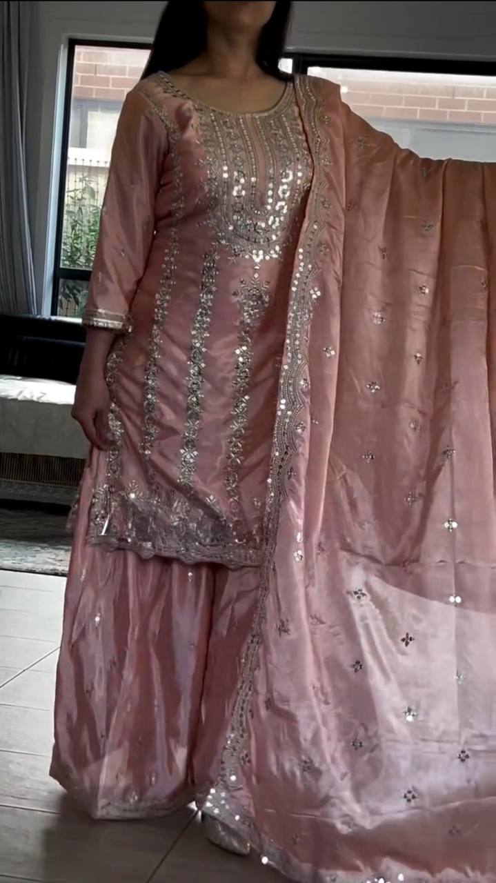 Pure Heavy Chinnon Silk With Heavy Embroidery Work With Fancy Borders Less Work Sleeve With Fancy Latkan Dori