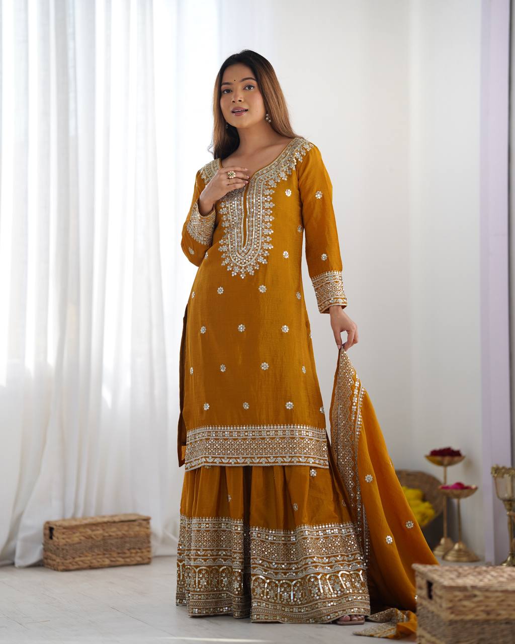 Presenting New Chinnon Silk With Heavy Embroidery Sequence Work Top-Plazo And Dupatta Set With Fully Stitched Ready To Wear Collection