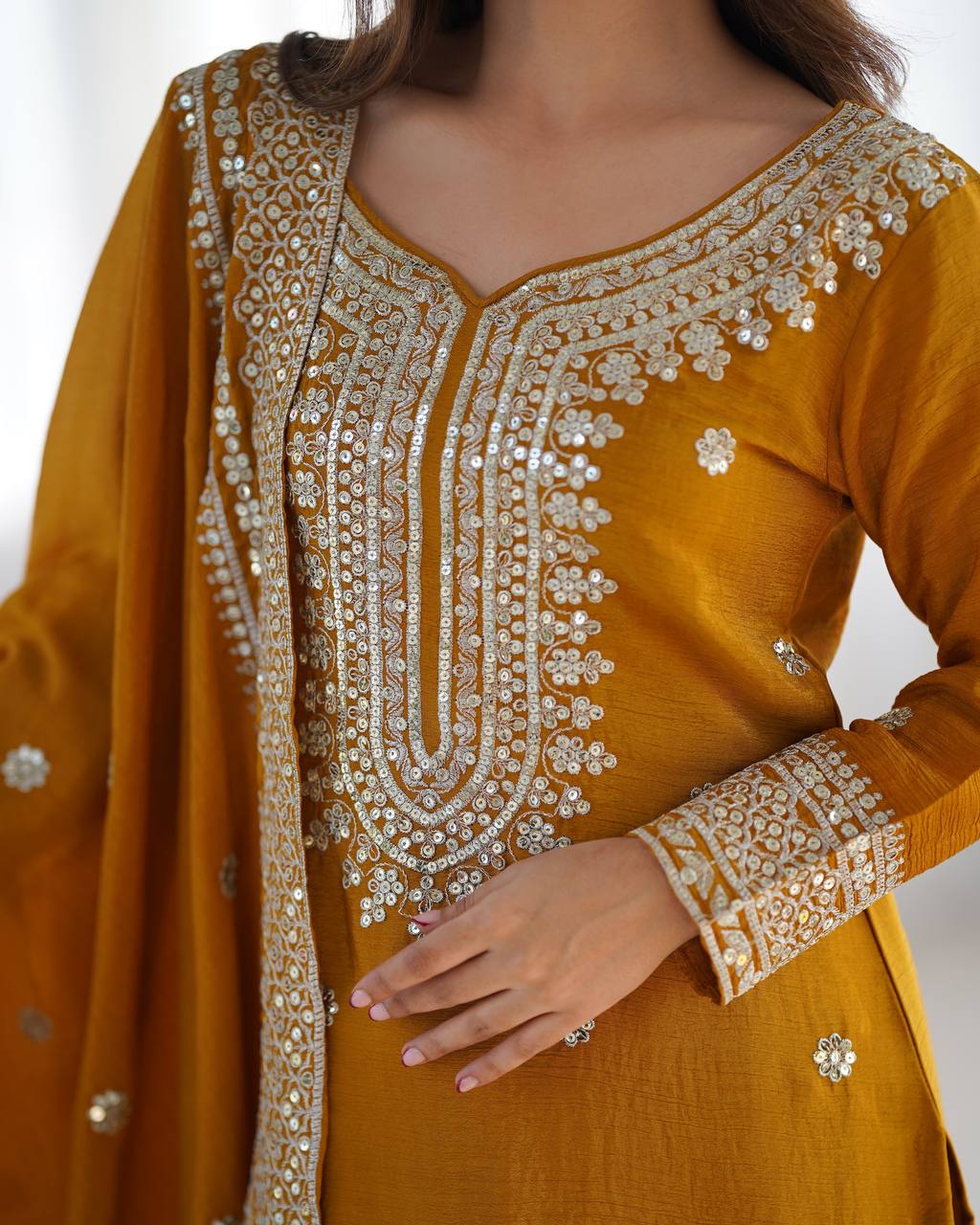 Presenting New Chinnon Silk With Heavy Embroidery Sequence Work Top-Plazo And Dupatta Set With Fully Stitched Ready To Wear Collection