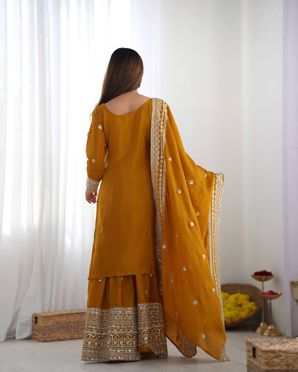 Presenting New Chinnon Silk With Heavy Embroidery Sequence Work Top-Plazo And Dupatta Set With Fully Stitched Ready To Wear Collection