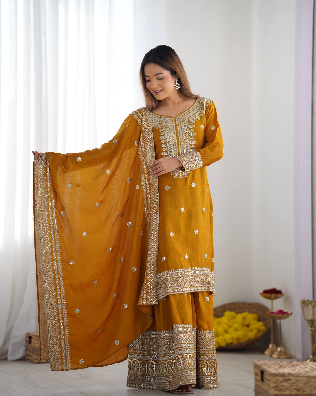 Presenting New Chinnon Silk With Heavy Embroidery Sequence Work Top-Plazo And Dupatta Set With Fully Stitched Ready To Wear Collection