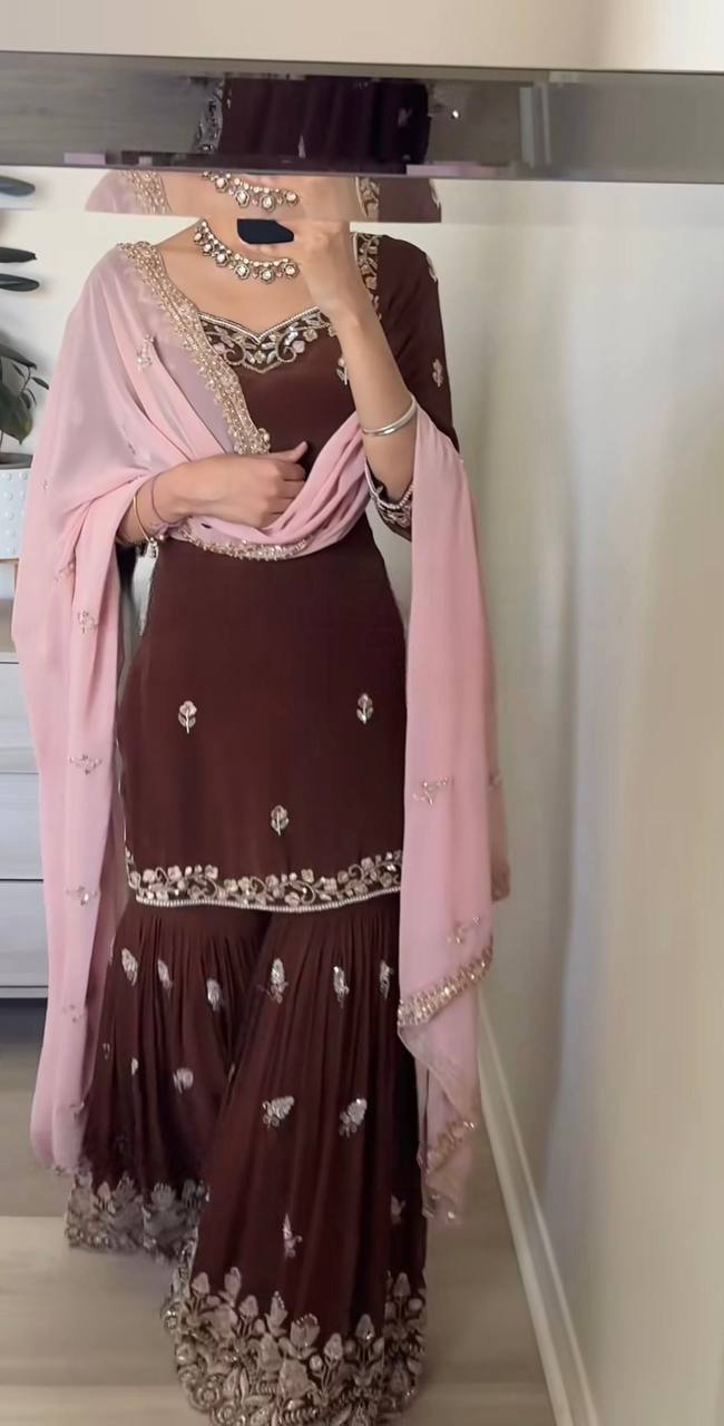 Faux Georgette Embroidered Sharara Set for Women – Kurti, Palazzo & Dupatta