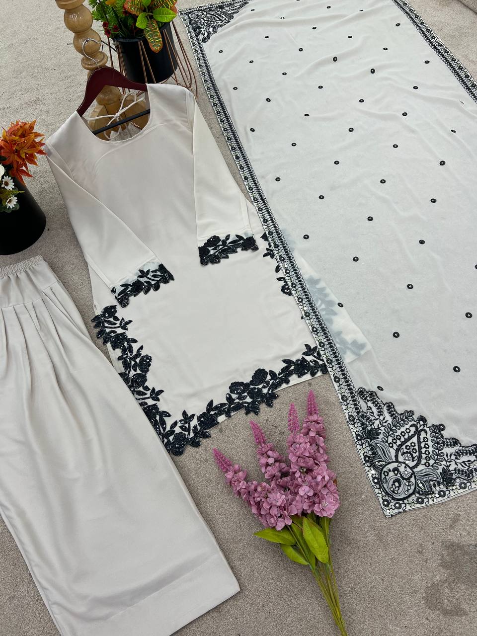 Georgette Embroidered Suit Set for Women – Kurti, Farshi Pant & Dupatta