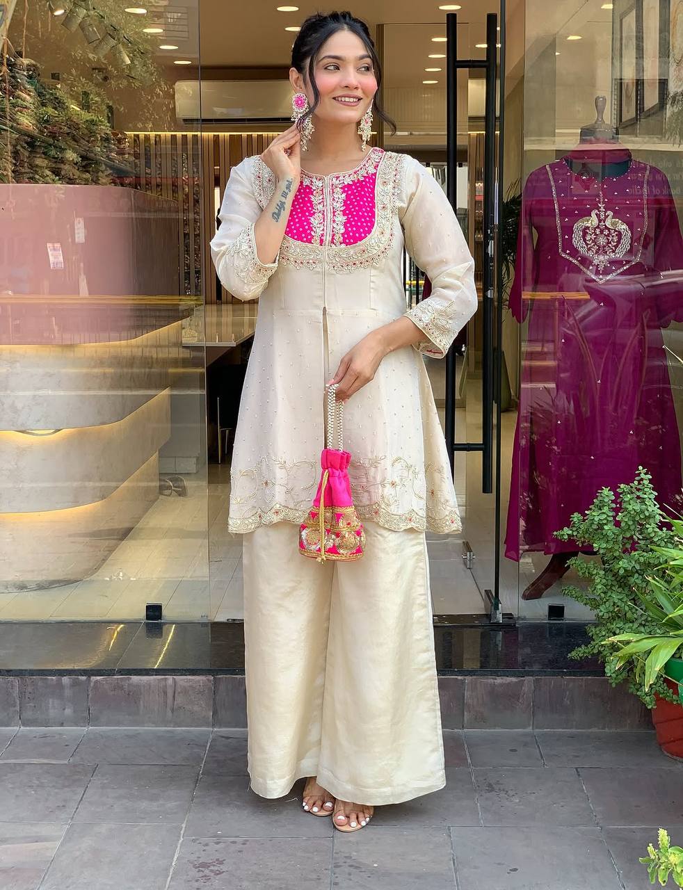 Premium Roman Silk Embroidered Co-ord Set for Women – Kurti & Pant