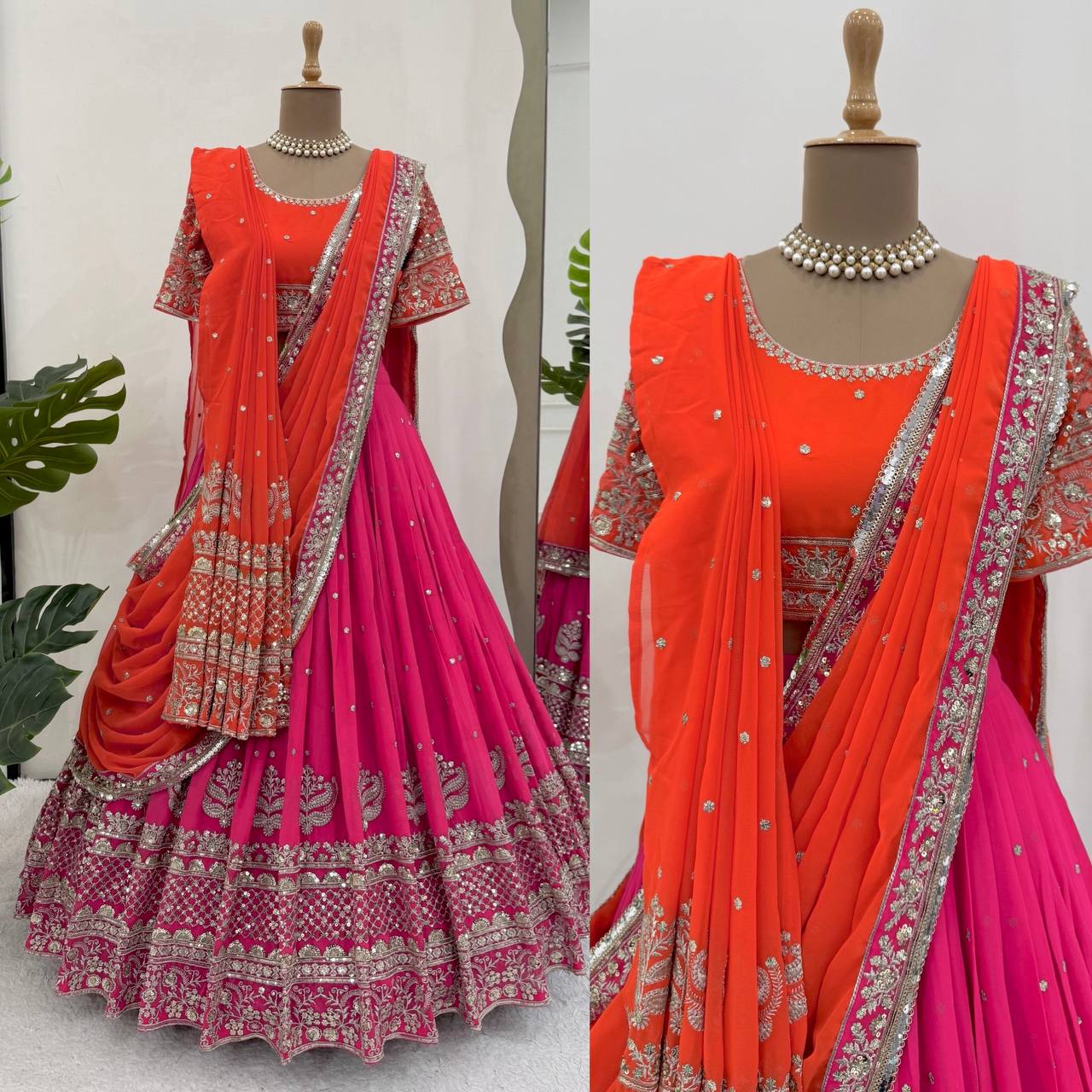 Faux Georgette Lehenga Choli Set with Dual Dupatta – Heavy Thread & Sequence Work