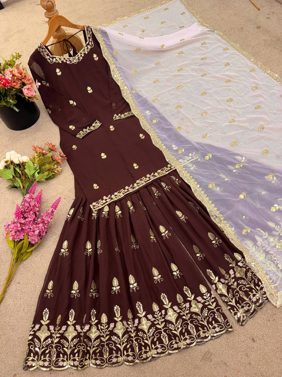 Faux Georgette Embroidered Sharara Set for Women – Kurti, Palazzo & Dupatta