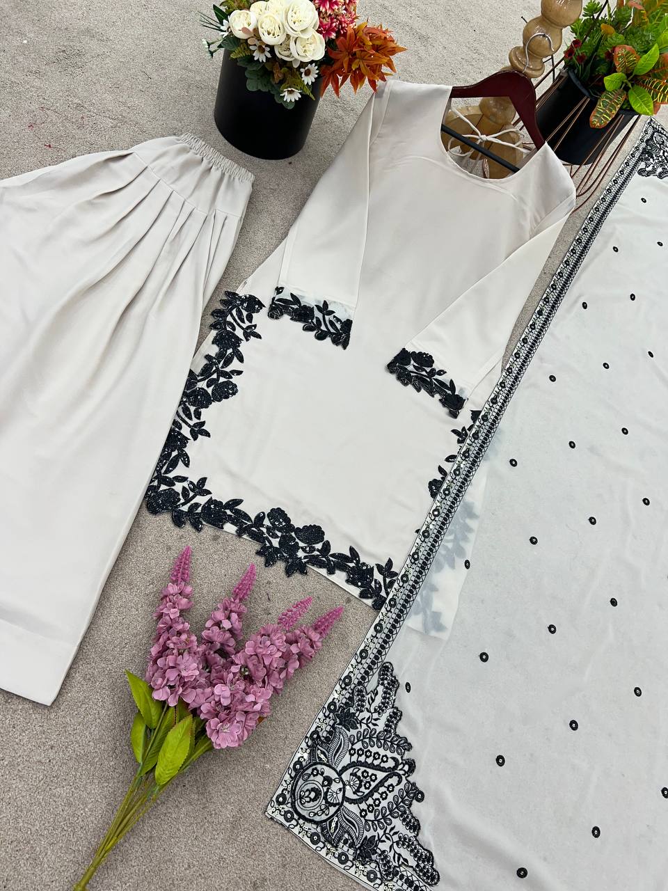 Georgette Embroidered Suit Set for Women – Kurti, Farshi Pant & Dupatta