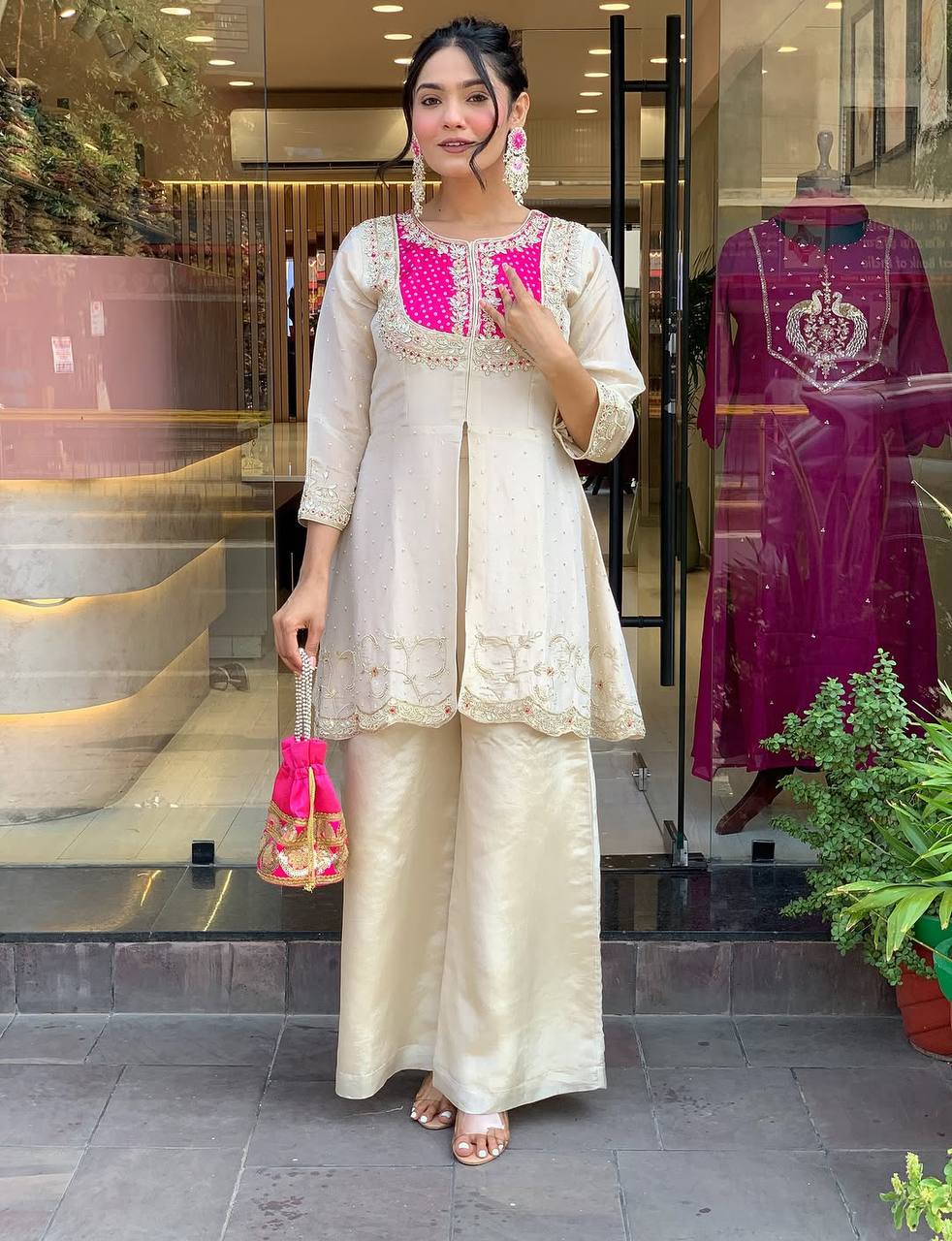 Premium Roman Silk Embroidered Co-ord Set for Women – Kurti & Pant